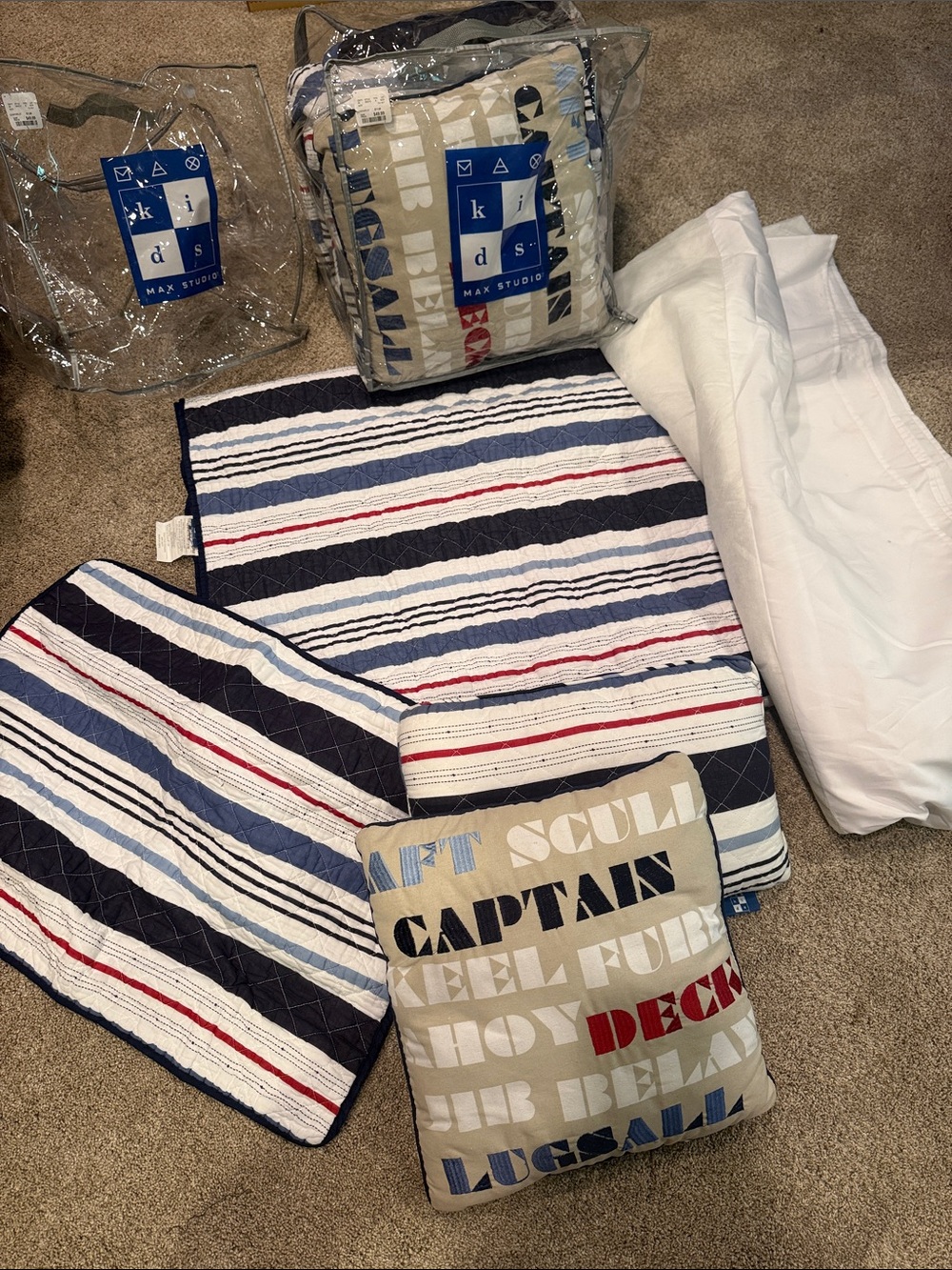 Like new 2sets of Max Studio nautical twin quilt, skirt, sham and pillows